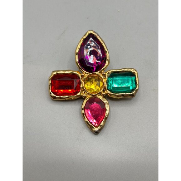 Vtg 80s 90s Colorful Pin Brooch Jeweled Red Green Purple Pink Gold Tone Metal - Picture 4 of 9
